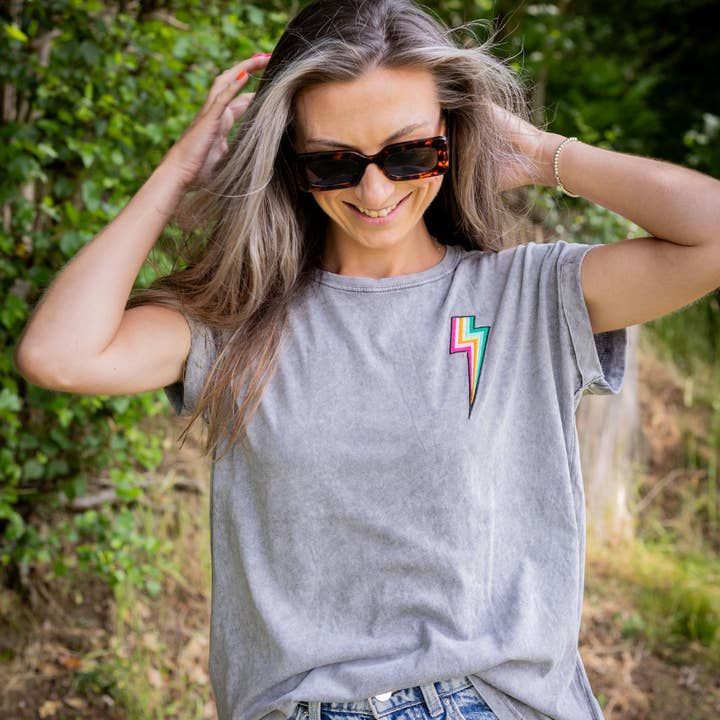 Acid Wash Grey T Shirt with Embroidered Bolt for wholesale on Faire