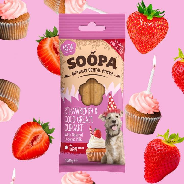 Strawberry & Coco-Cream Cupcake Dog Dental Sticks for wholesale by Soopa Europe