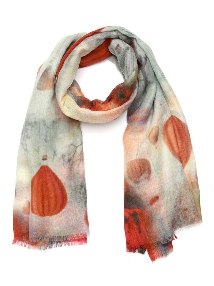 Efterårshimmel Balloner Tørklæde – Merino Uld Silke Tørklæde | Abstrakte Flydende Drømme i Flammende Solnedgangsnuancer for engroshandel hos Namaskar Australia