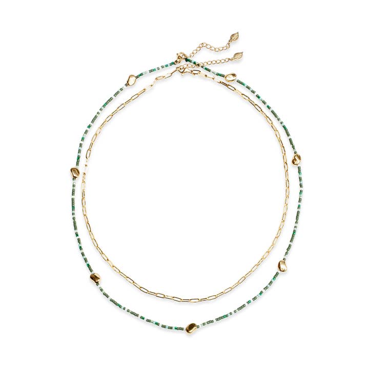 Garden of Eden - Green Beaded and Gold Chain Necklace Set for wholesale by Eden Jewelry