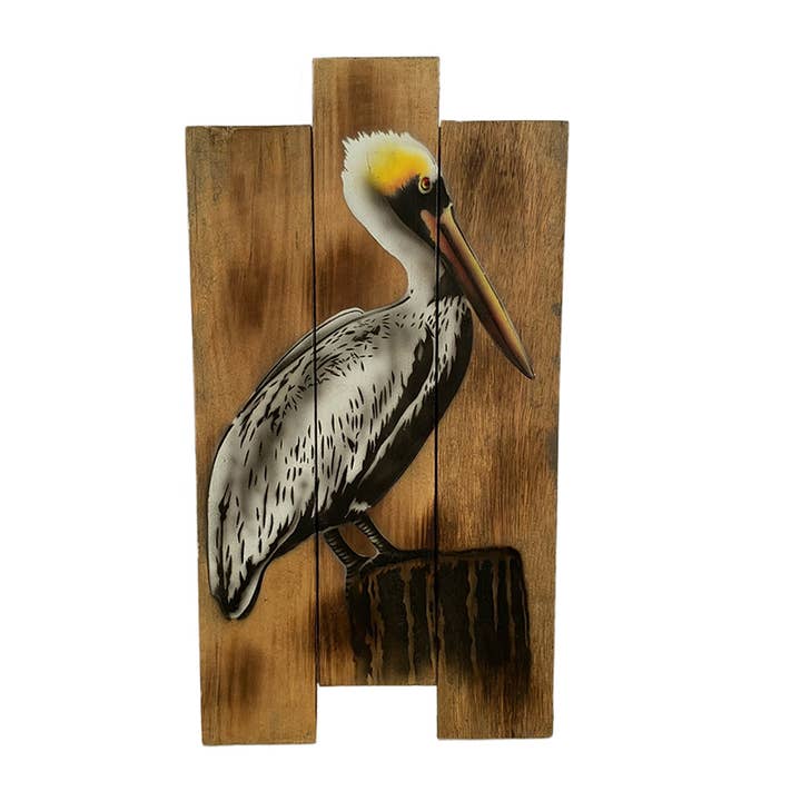 Slat Wood Pelican 21" Plaque for wholesale by California Seashell Company