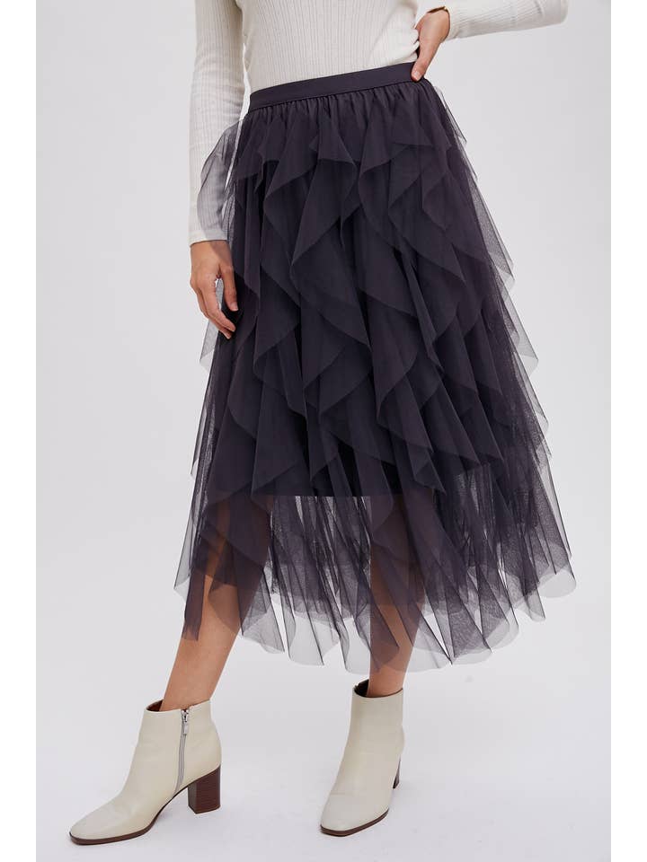 Bluivy - Wholesale Skirt - Women's - SPRIAL RUFFLED TULLE MIDI SKIRT