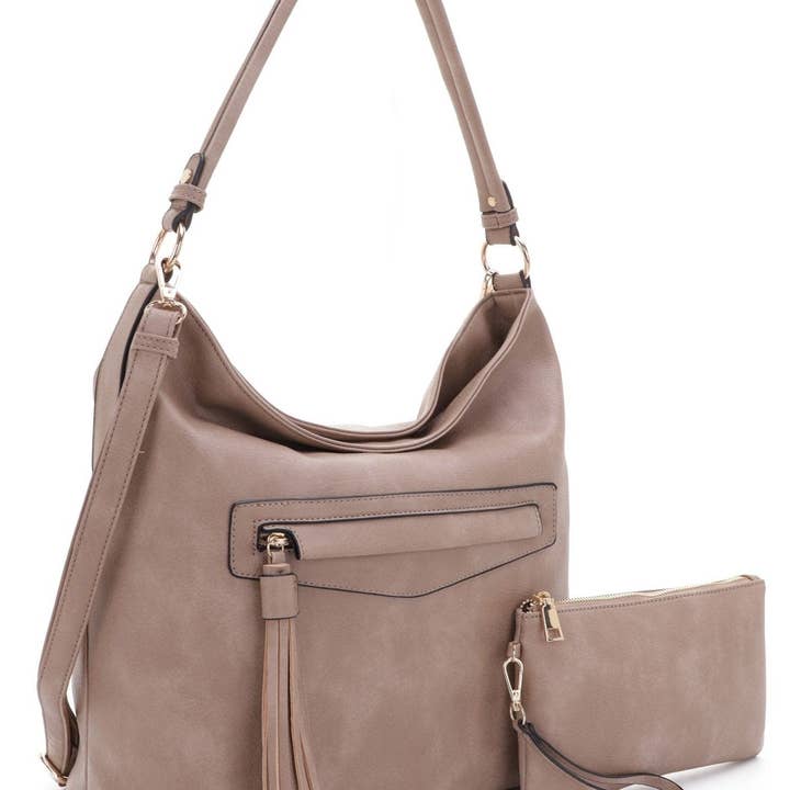 MiMi Wholesale - Wholesale Shoulder Bag - Women's - FC20495 Eliza Front Tassel Pocket 2 in 1 Hobo Shoulder Bag S11