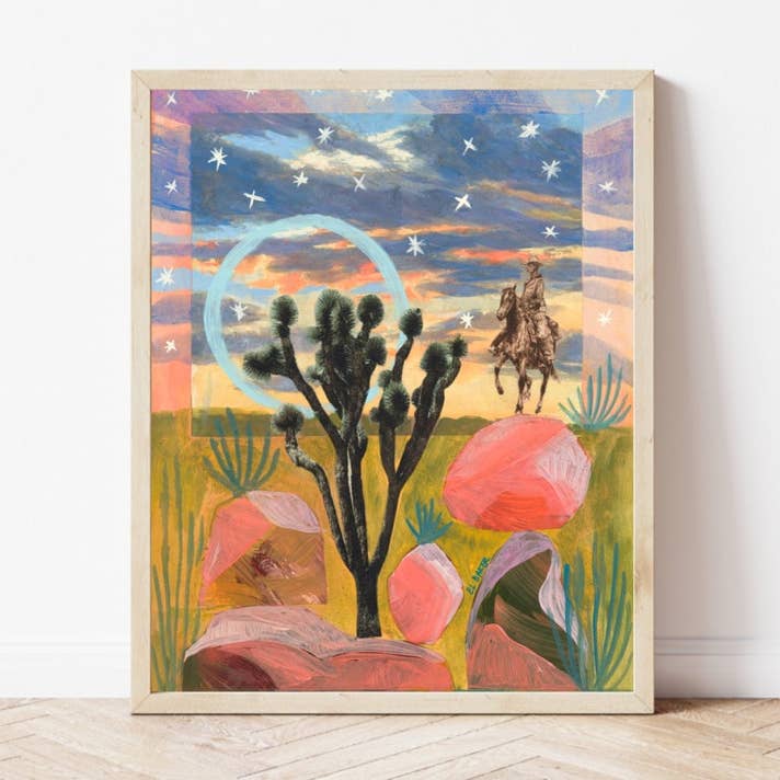 Desert Cowboy and Sunset Rocks Print for wholesale by El Baker Art