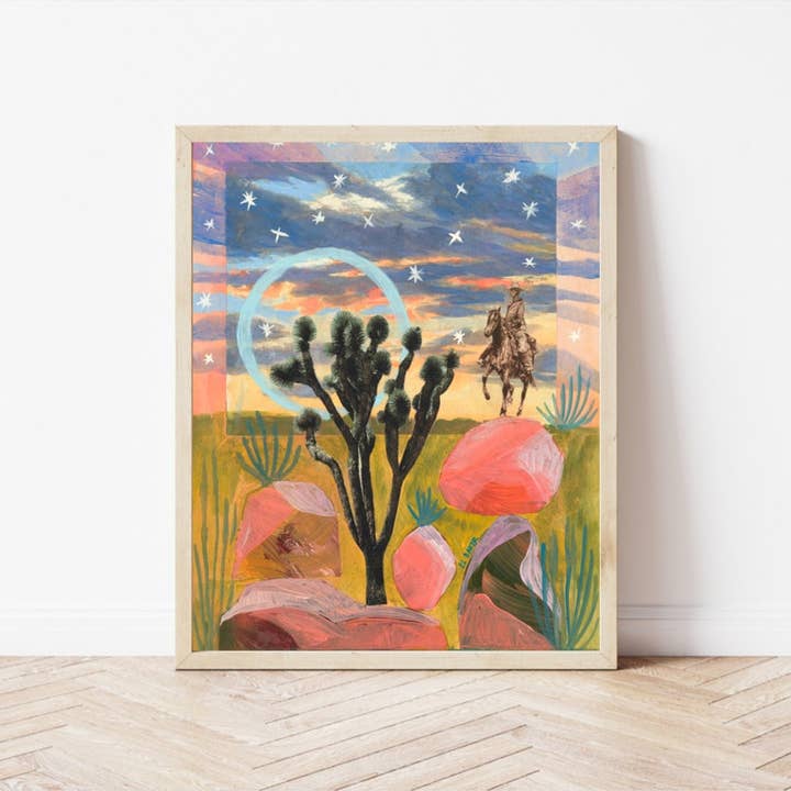 Desert Cowboy and Sunset Rocks Print for wholesale by El Baker Art
