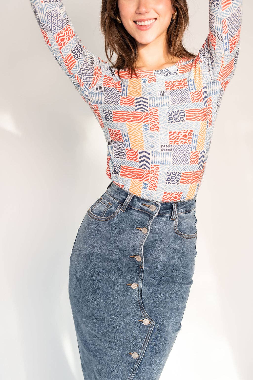 Recollection Brand - Wholesale Dress - Women's - Button Front Stretch Denim Midi Skirt11