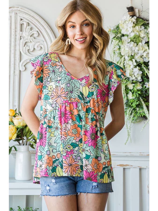7th Ray - Wholesale Blouse - Women's - Multi Color Flower Print Baby Doll Flutter Sleeve Top T5165