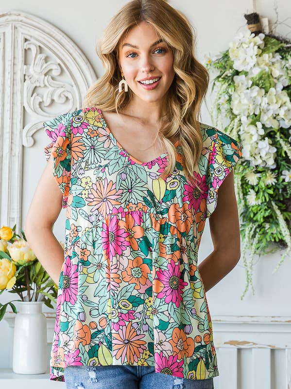 7th Ray - Vendita all'ingrosso Camicetta - Donna - Top a maniche svolazzanti con stampa floreale multicolore Baby Doll T51650