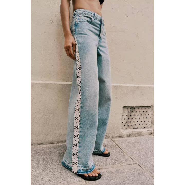 Crochet Stitching High Waist Wide Leg Jeans for wholesale by Paperdoll