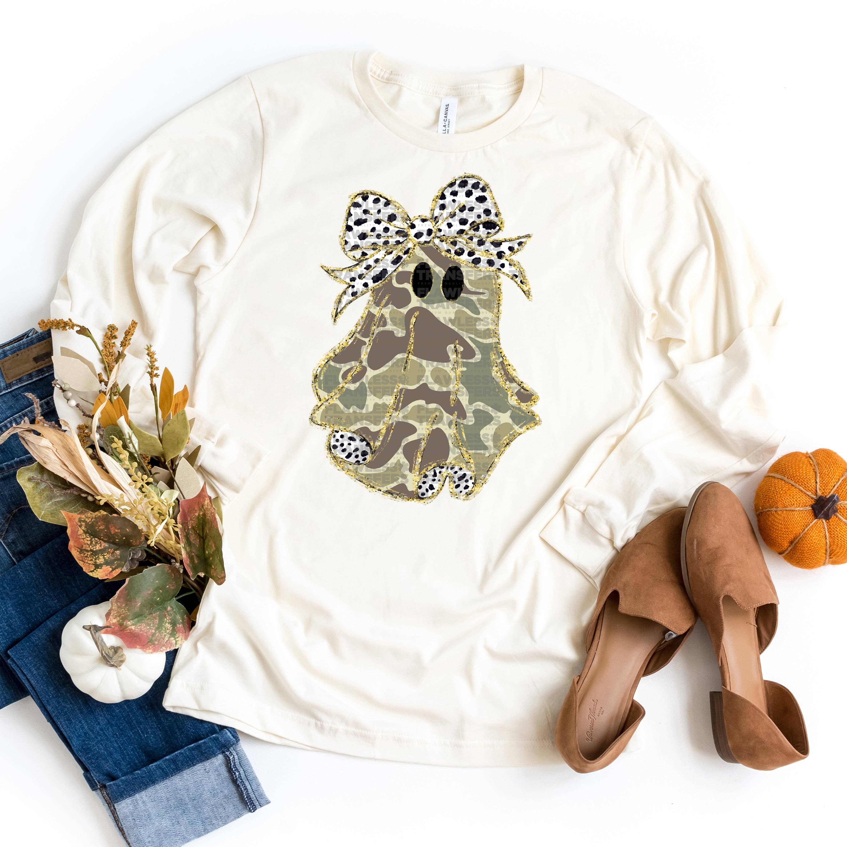 Flawless Transfers - Wholesale Sublimation Transfer - Girl Ghost Camo Print Coquette Bow - Design 2 DTF Transfer0