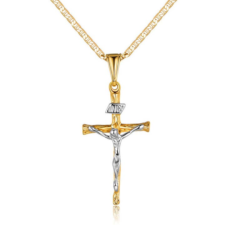 18K Gold Plated Two-Tone Cross Pendant Necklace for wholesale by Vesa Jewels