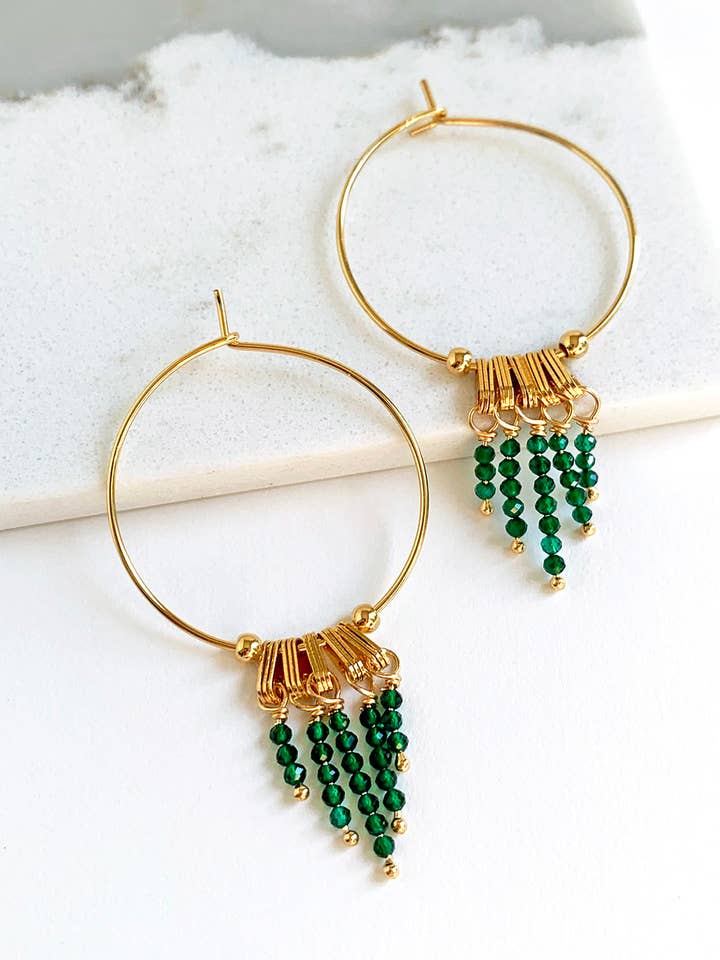 Green Diopside Hoops, Modern Bohemian Hoop Earrings for wholesale by Laura Stark Designs