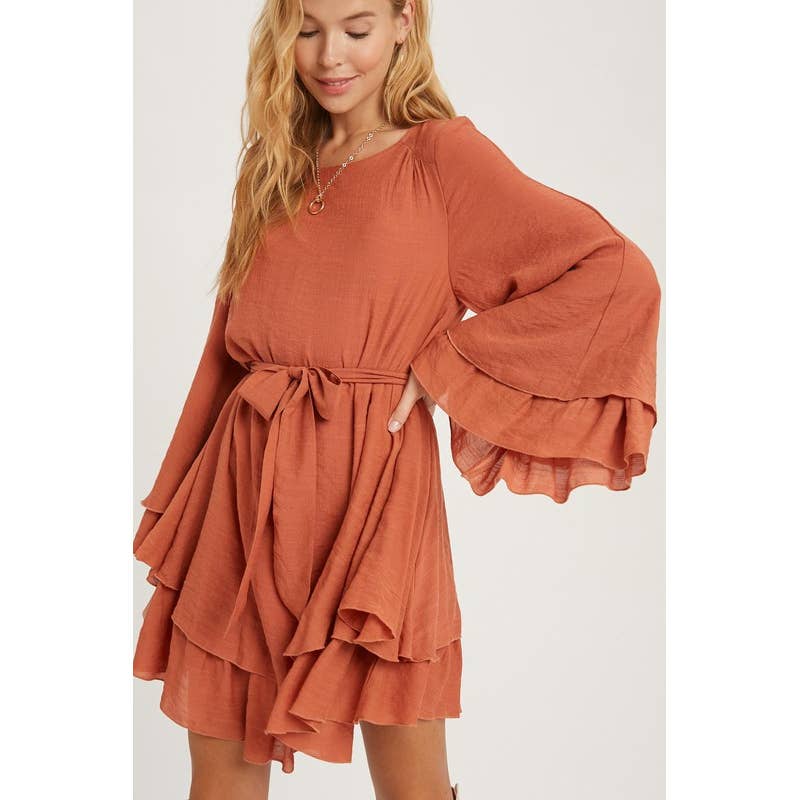 Pink Irene Wholesale - Wholesale Dress - Women's - LONG BELL SEEVE SELF TIE RUFFLE HEM SOLID DRESS10