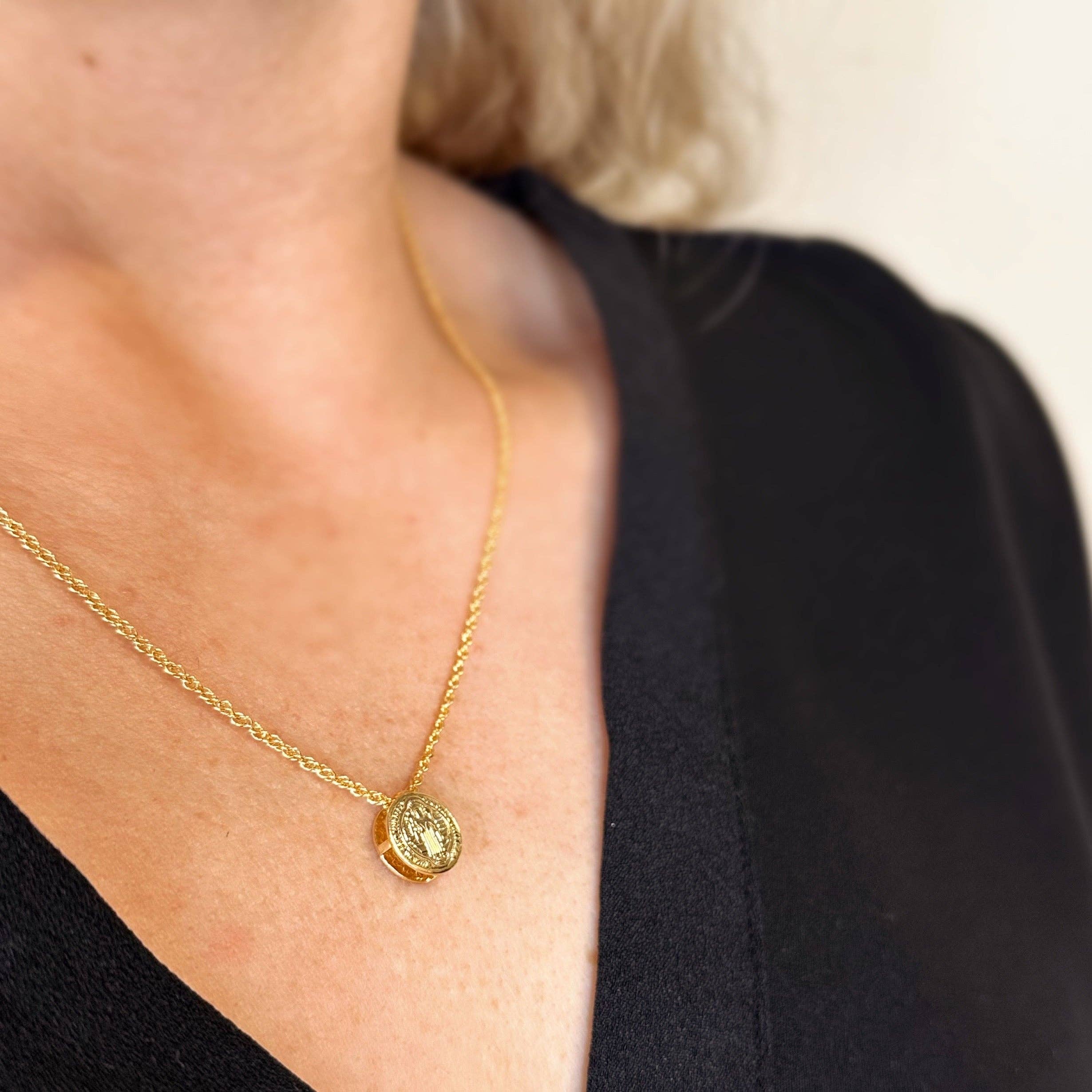 GoldFi - Wholesale Pendant/Charm Necklace - 18k Gold Filled Mini Double Sided Coin Saint Benedict Necklace1