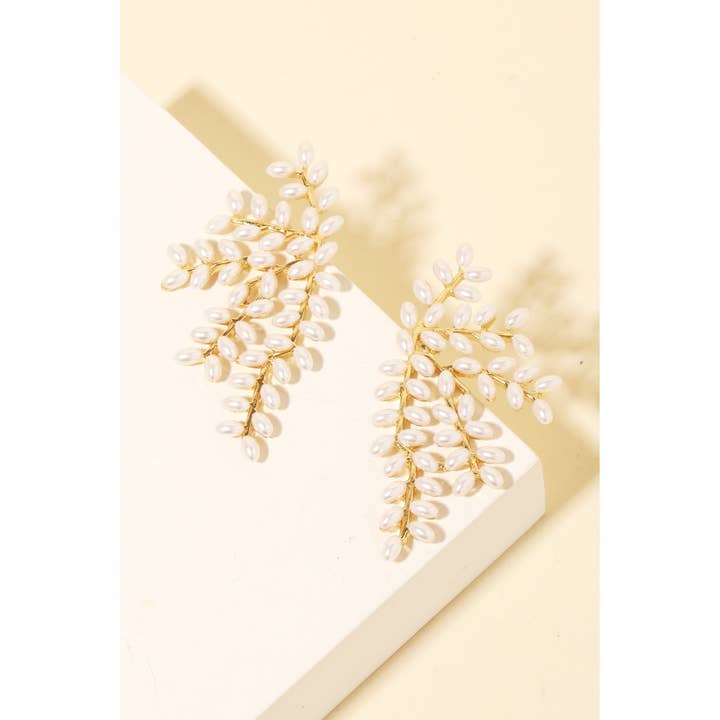 G Pearl Bead Vine Leaf Earrings for wholesale on Faire