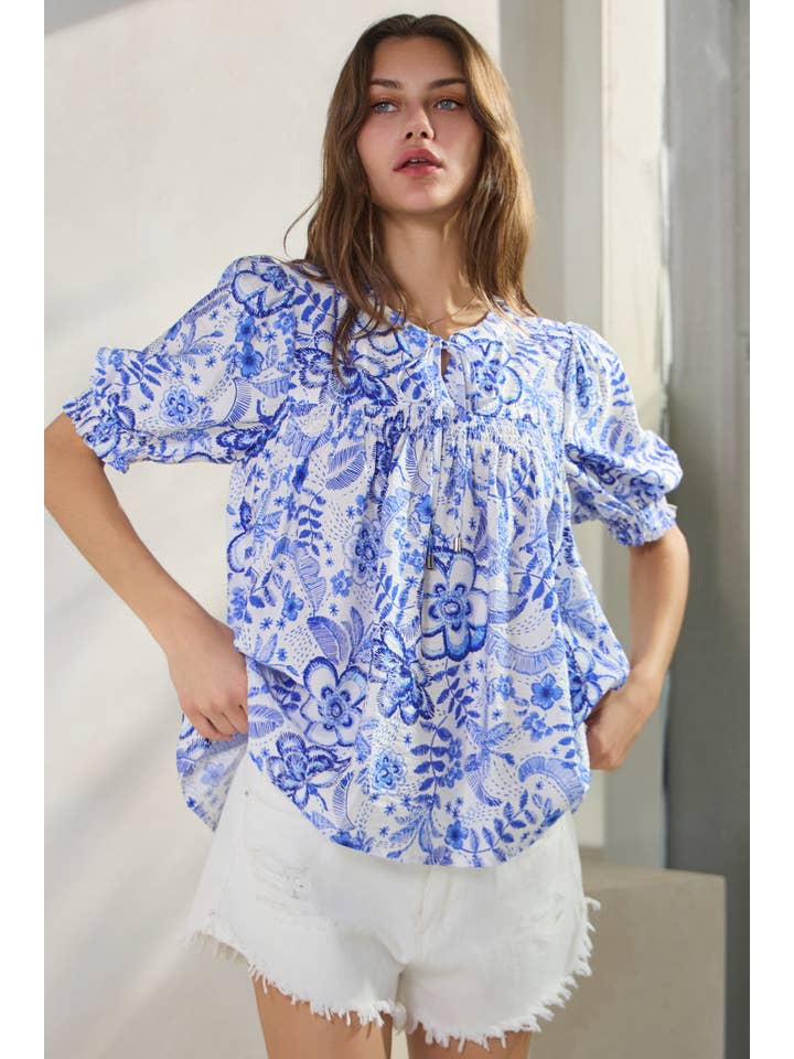 Blue Multi Summer Resort Printed Short Sleeve Blouse for wholesale on Faire