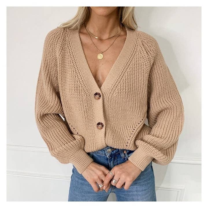 Gebreid vest met diepe V-hals en lantaarnmouwen in effen kleur voor wholesale door FurDecoration