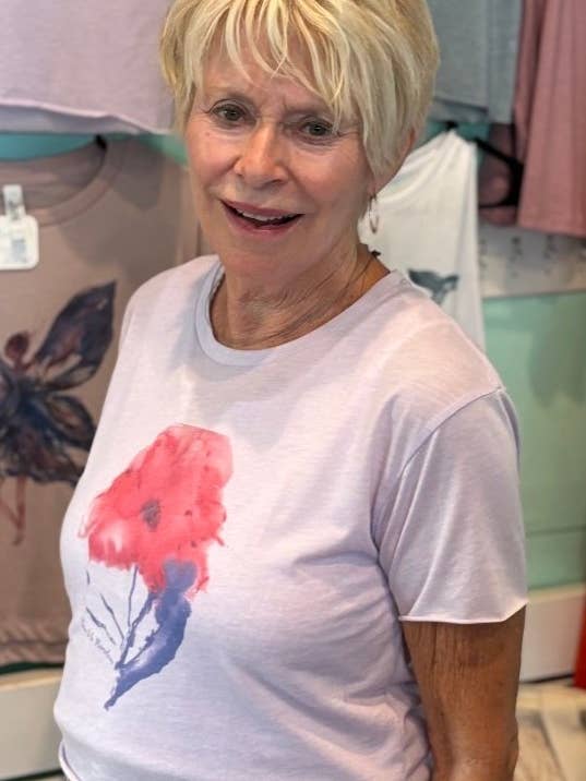 PINK and PURPLE FLOWER Cali Crop T-Shirt for wholesale by Blue Mermaid Art