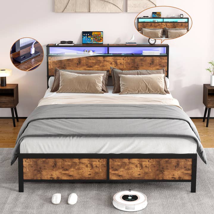 Orange County Decor - Wholesale Bed - Industrial Full Bed Frame With Led Lights And 2 Usb Ports, Bed Frame Full Size With Storage, Noise Free, No Box Spring Needed, Rustic Brown Full Rustic Brown Metal Metal