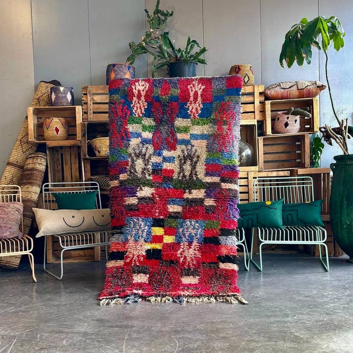 Vintage Berber Marokkansk Rød Boucherouite Bomulds Tæppe for engroshandel hos leslosanges