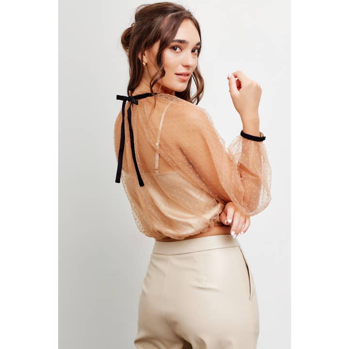 idem ditto - Wholesale Blouse - Women's - SHEER POLKA DOT MESH TOP BURNOUT HIGH NECK14