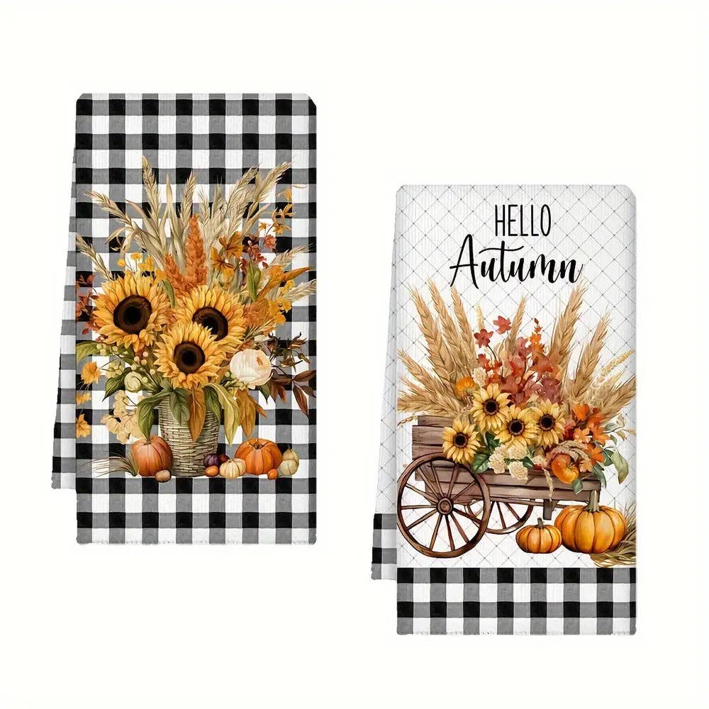 Huis Van Merken - Wholesale Tea Towel - 2pcs Autumn Harvest Kitchen Towels - Ultra Absorbent Microfiber, Sunflower & Pumpkin Design1