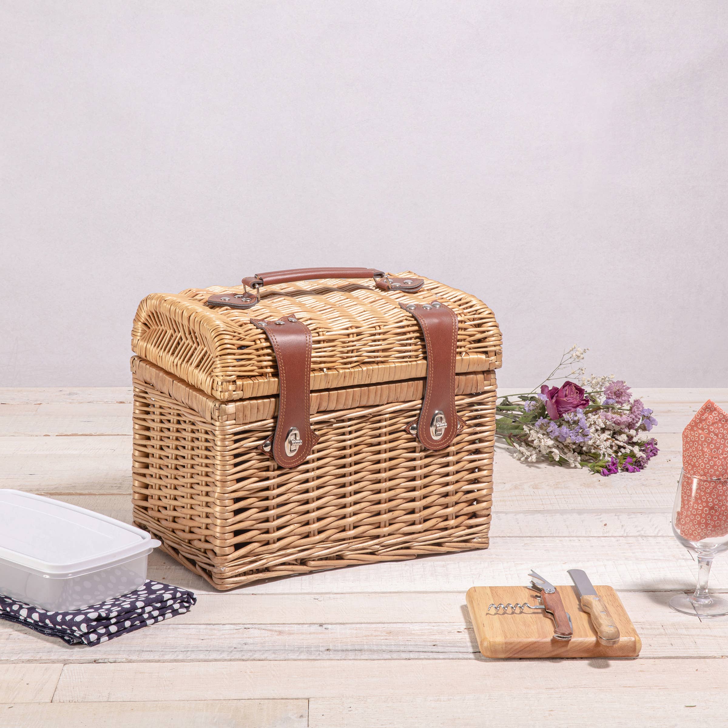 Adeline Collection Deep Purple with Coral Pattern Napa Wine & Cheese Picnic Basket for wholesale on Faire2