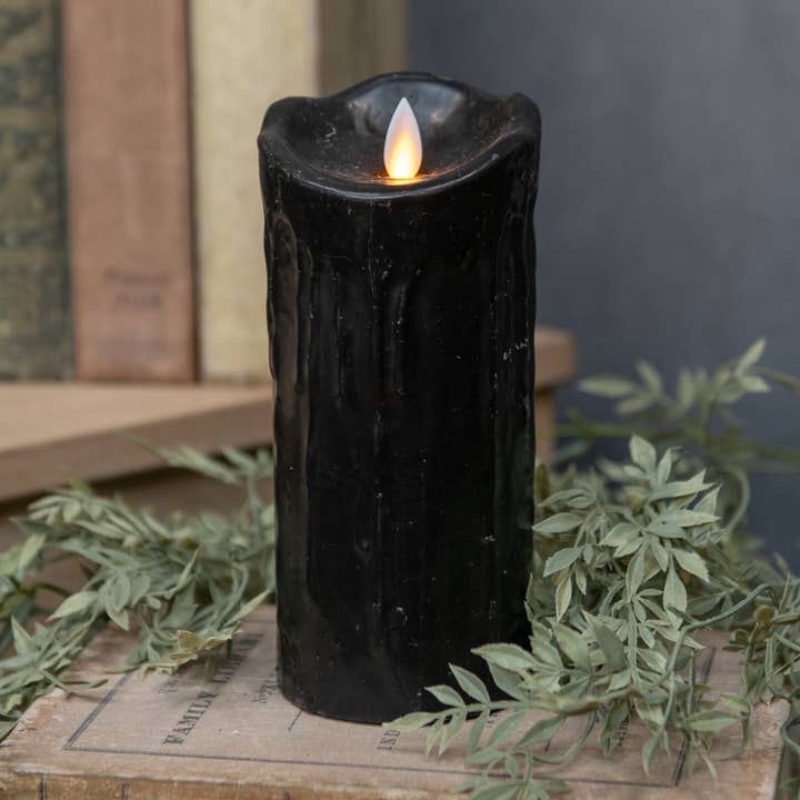 7" MOVING FLAME BLACK PILLAR CANDLE for wholesale by Ragon House