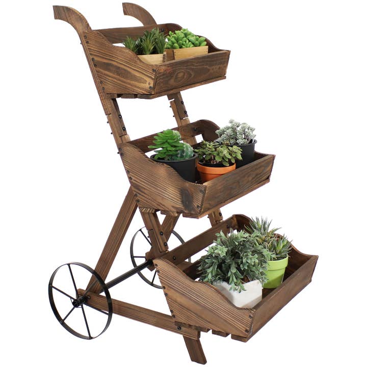 Sunnydaze Decor - Wholesale Planter Box - 39.25 in 3-Tier Wood Rolling Planter Box with Wheels - Brown