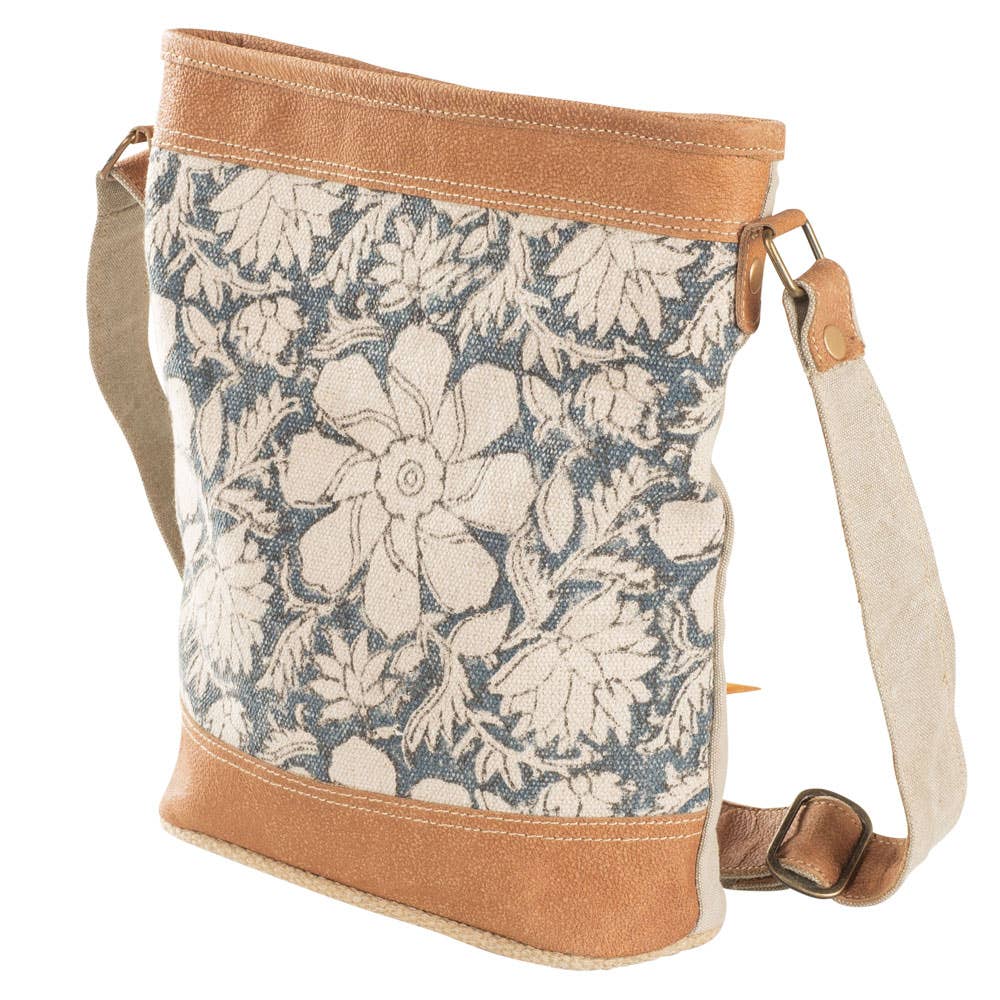 Clea Ray Canvas Bags & Clothing - Wholesale Crossbody Bag - Women's - Blue Canvas With Flowers Crossbody1