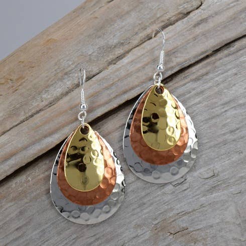 Eye Catching Jewelry - Wholesale Dangle Earrings - Everyday Tri Color Silver Gold Copper Earrings Hammered1