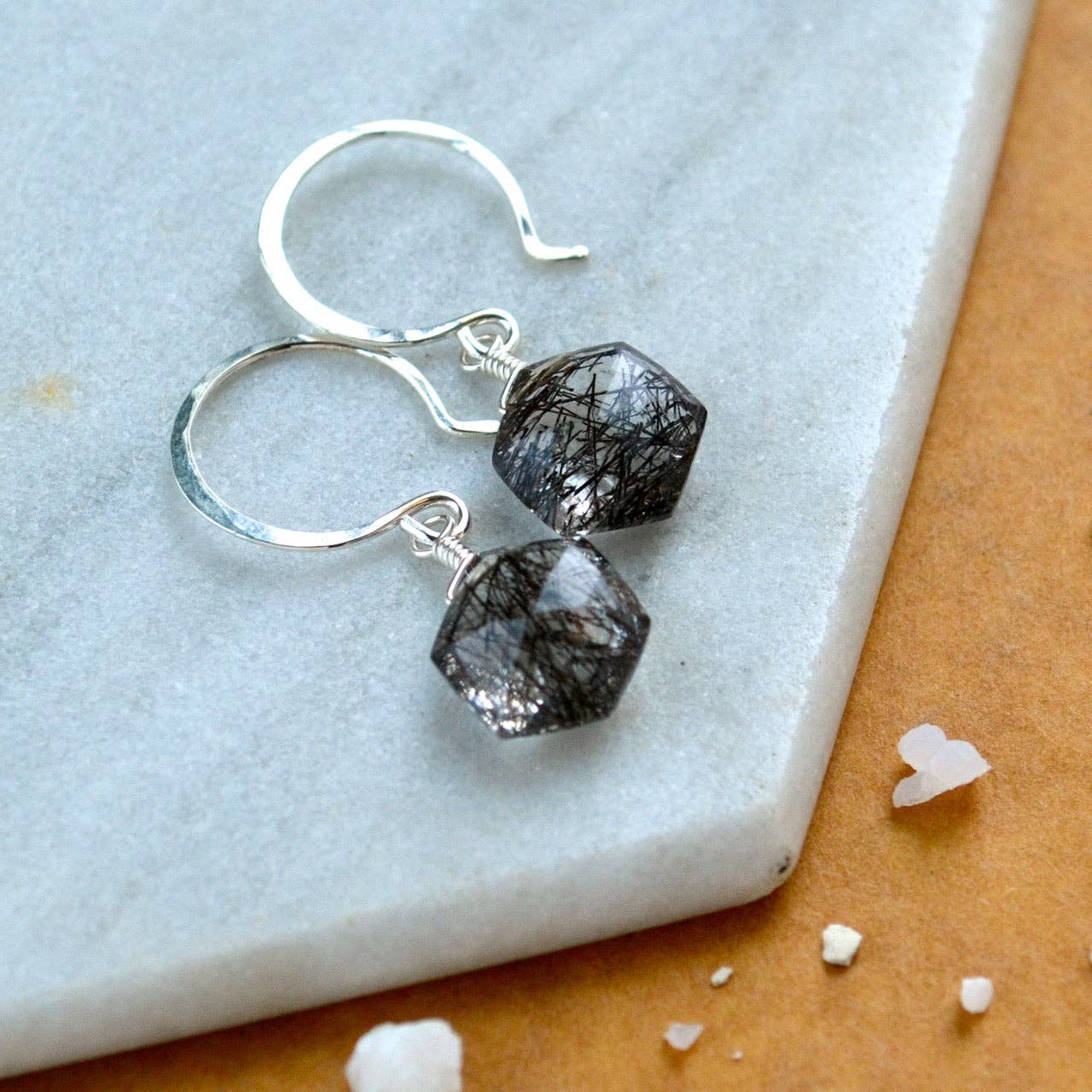 Foamy Wader - Wholesale Dangle Earrings - Wayfinder Earrings - haxagon black striped tourmalinated quartz earrings8