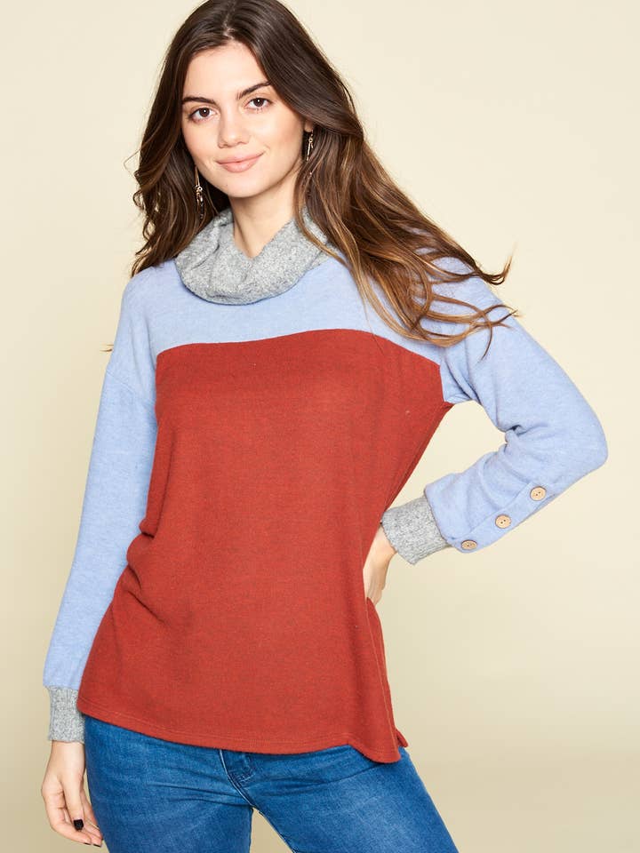 ETK-7948 Color Block Button Sleeve Pullover for wholesale by Emerald Collection