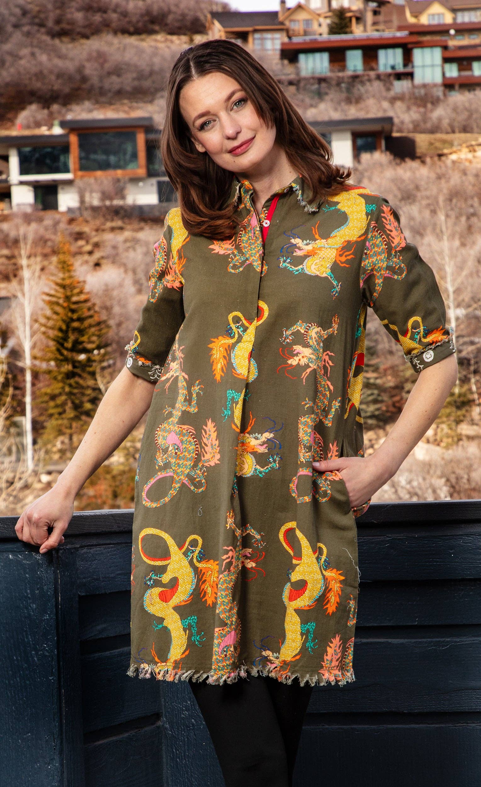 Dizzy-Lizzie - Wholesale Button Down Shirt - Women's - Olive Dragon Chatham