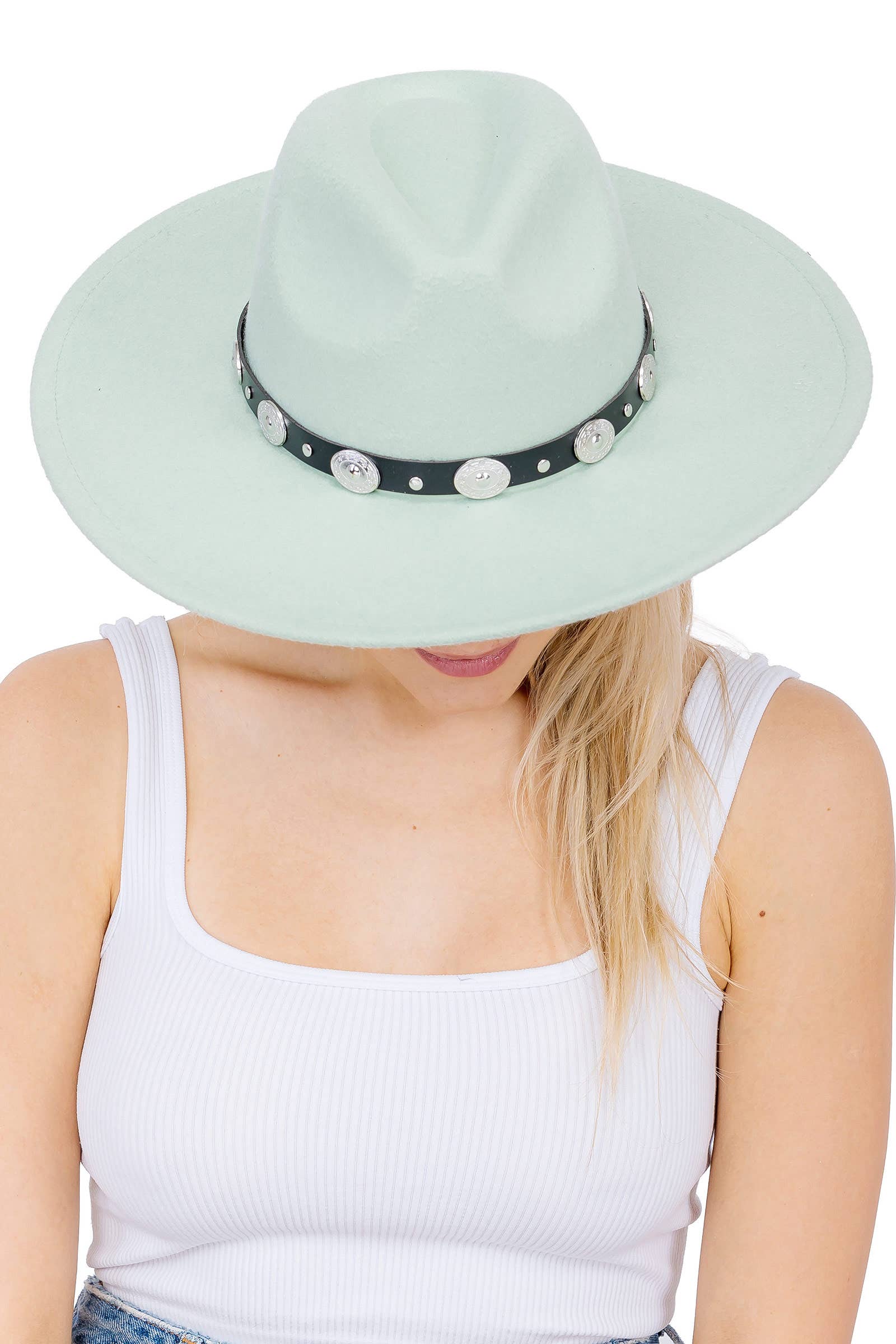 Cap Zone – wholesale Fedora – Women’s – Concho Belt Wide Flat Brim Felt Rancher Hat19