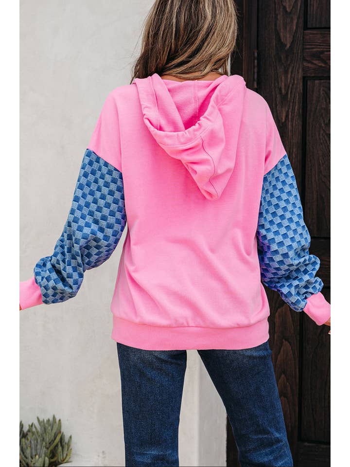 Bonbon Checker Patchwork Kangaroo Pocket Half-Zip Hoodie for wholesale on Faire1