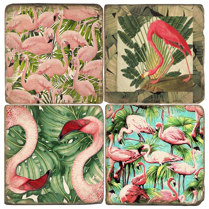 Ensemble de sous-verres en marbre flamant rose et frond pour la vente par Studio Vertu