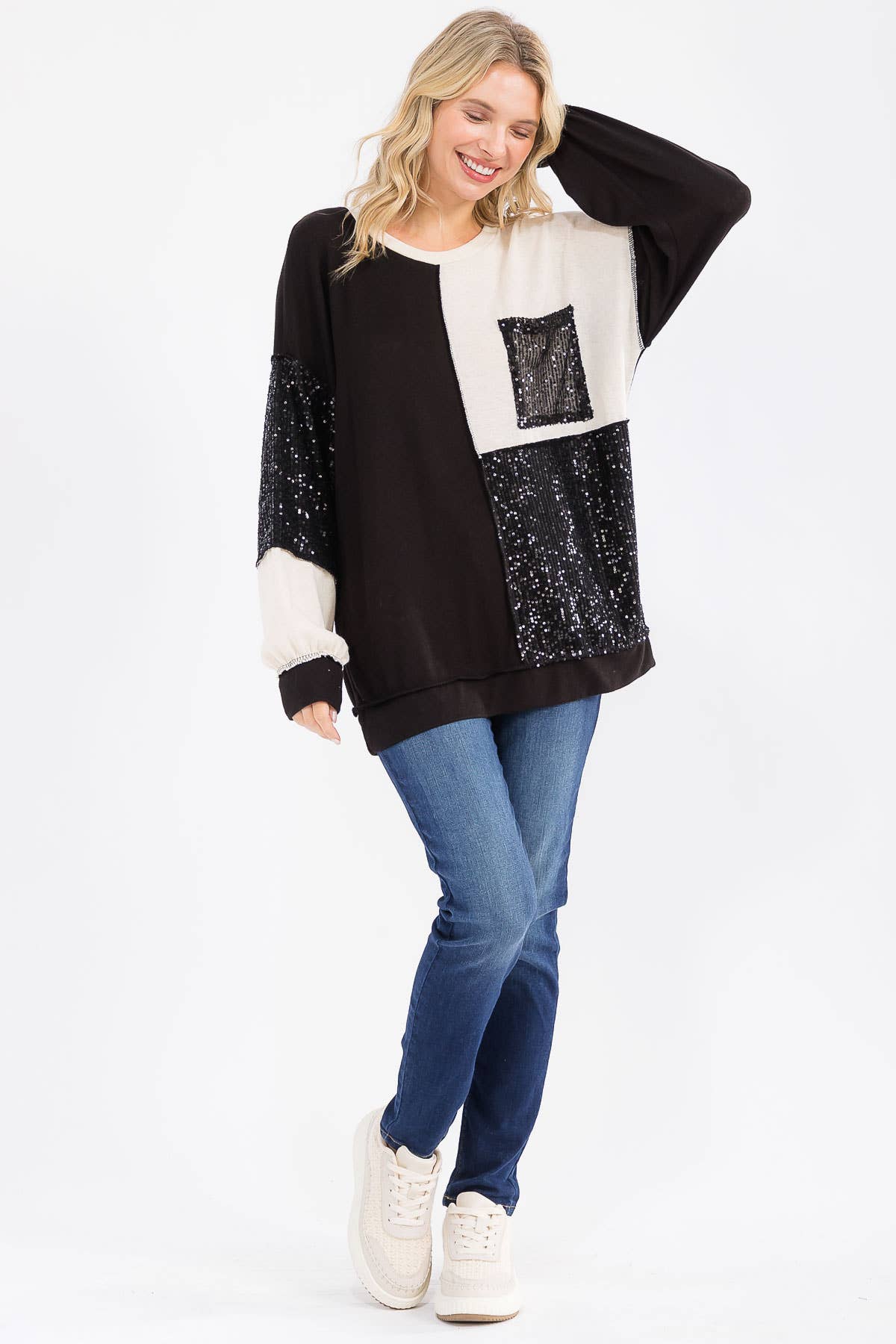 7th Ray – Sweatshirt - Mulher por atacado – Top de Manga Comprida com Bolso Patchwork de Lantejoulas T606019