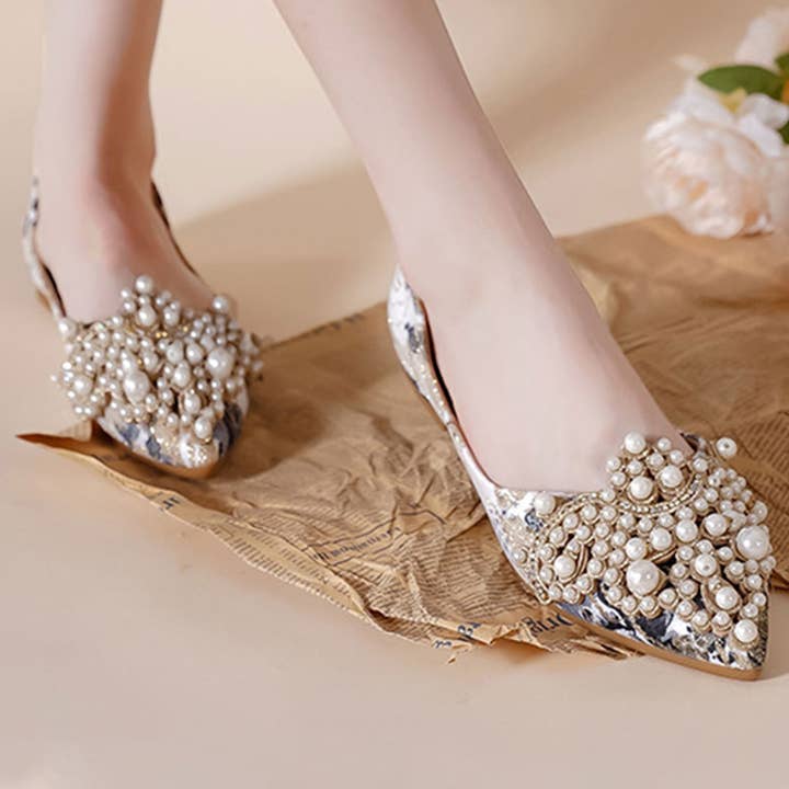 FAUX PEARL FLORAL PRINT DECOR FLAT SHOES FOR WOMAN_CWSHF0008 for wholesale by ACCITY