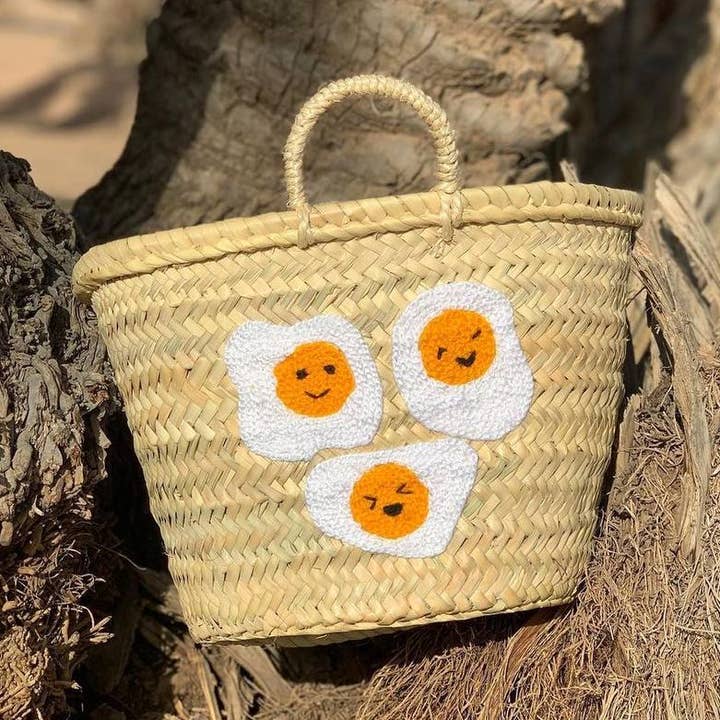 Handwoven Palm Basket with Smiley Egg Embroidery for wholesale by MIRAMAR Store