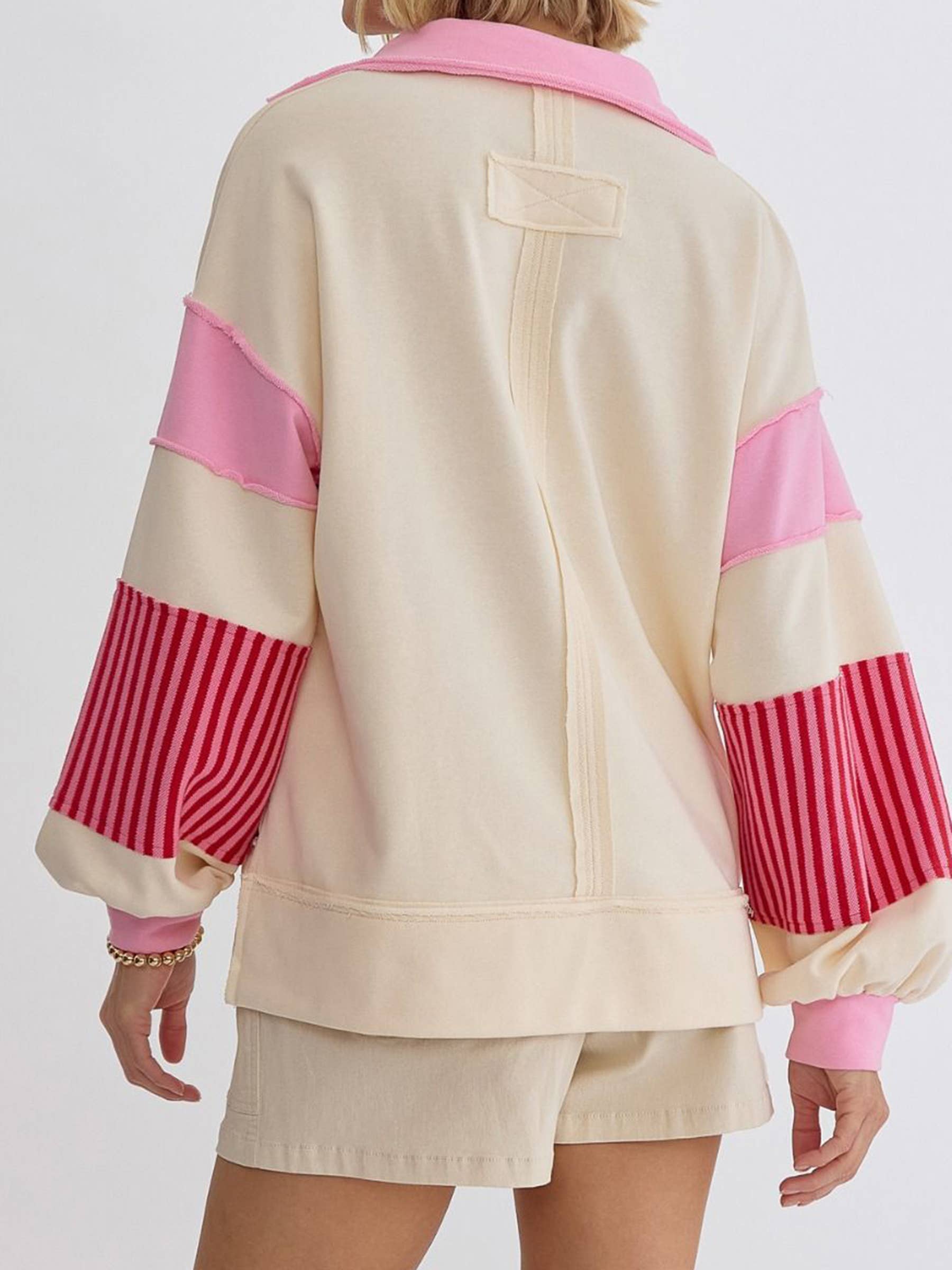 Wholesalesir - Wholesale Sweatshirt - Women's - Polo Collar Striped Contrasting Patchwork Top6