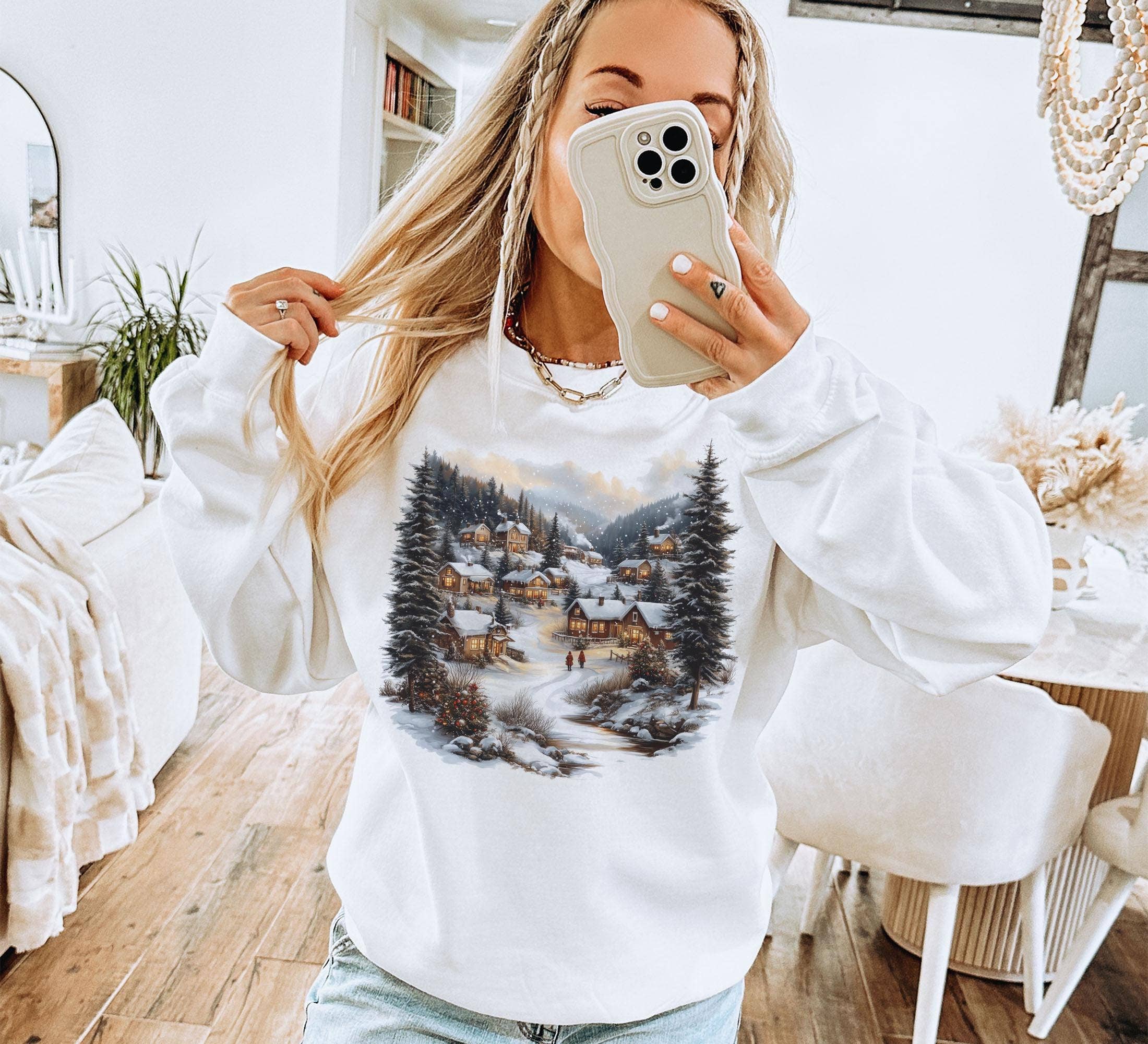 NVC Ecommerce LLC - Vente T-shirt à imprimés – femme - Sweatshirt rétro Christmas Winter Village, chemise de Noël1