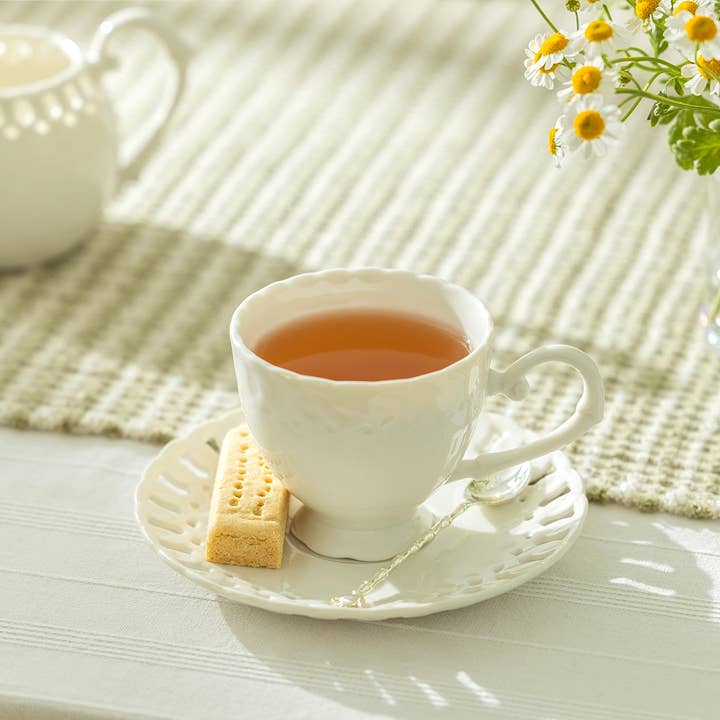 Grace Teaware - Wholesale Coffee/Tea Cup - White Heirloom 7oz Fine Porcelain Tea Cup and Saucer