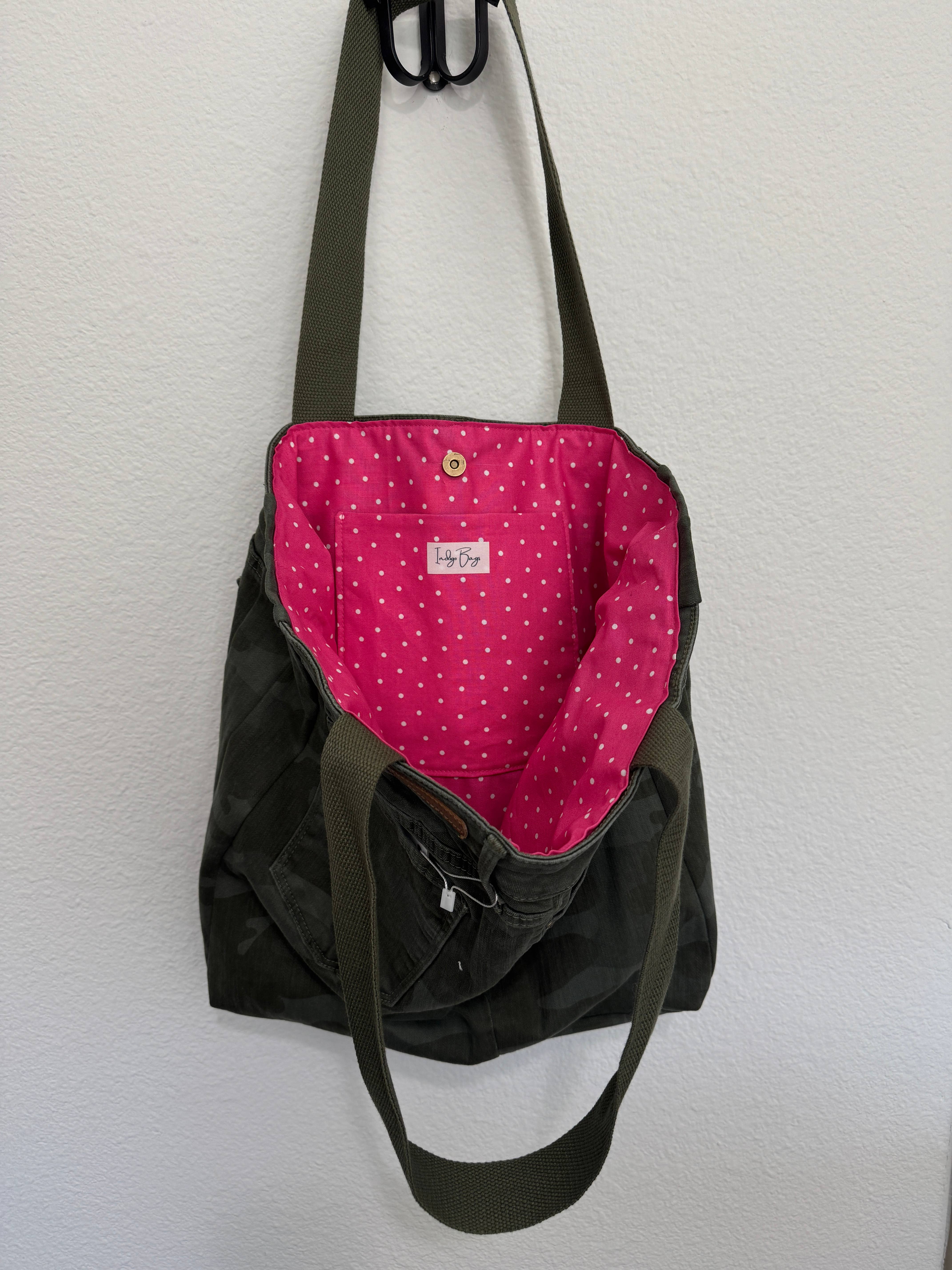 Indigo Bags - Wholesale Tote Bag - Women's - Sanctuary Upcycled Camo Print Jean Tote Bag - hot pink dots1
