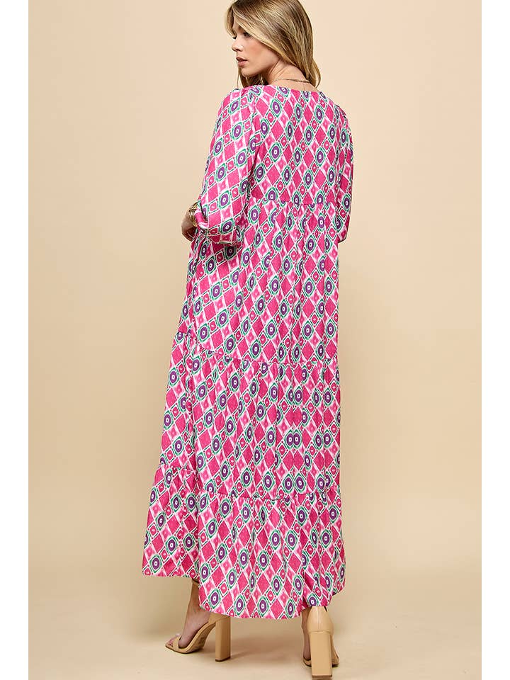 Cezele - Wholesale Dress - Women's - 3/4 Lantern Sleeve Print Boho Maxi Dress16