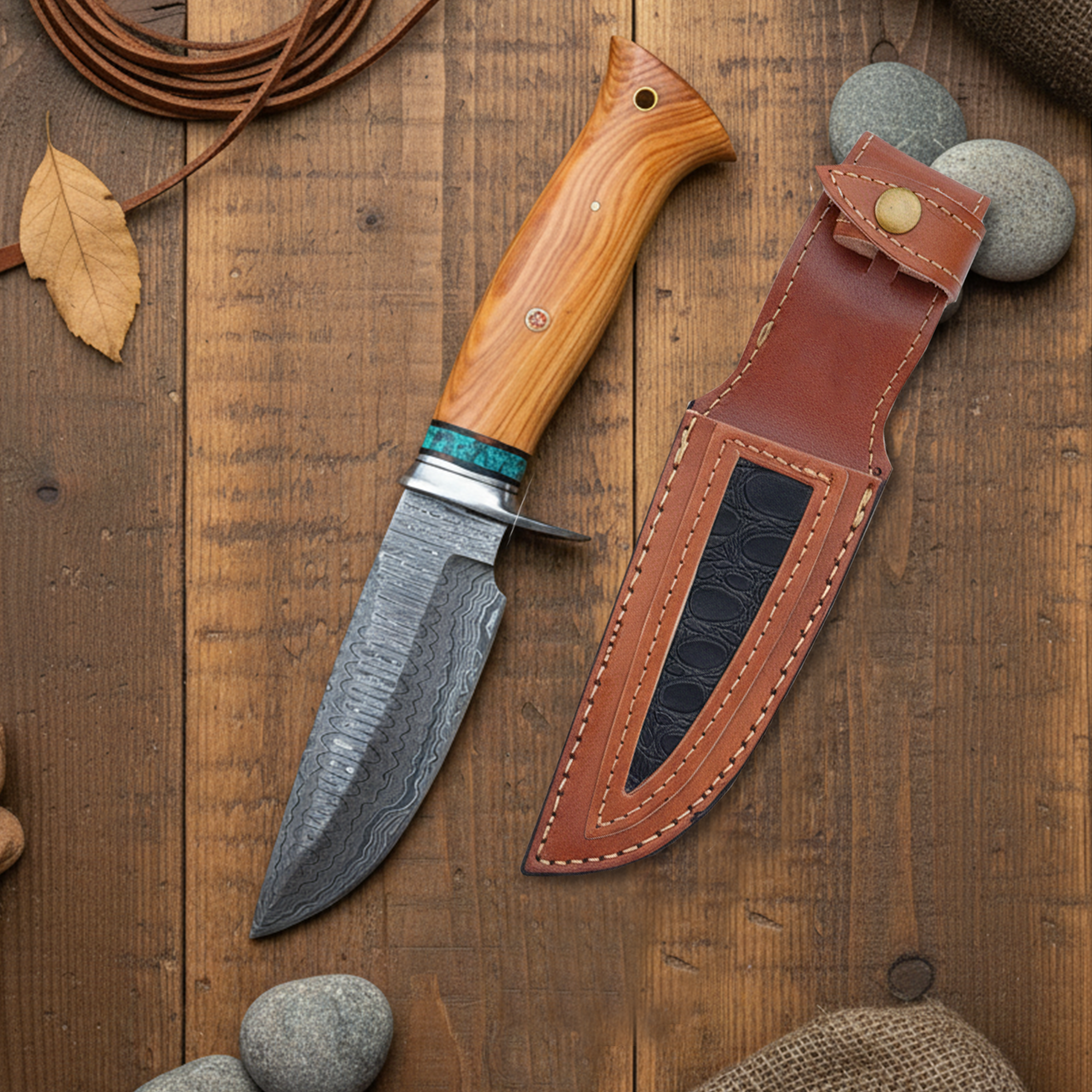 FH KNIVES - Wholesale Pocket Knife/Holder - 10' Handmade damascus steel knife with leather sheath  0