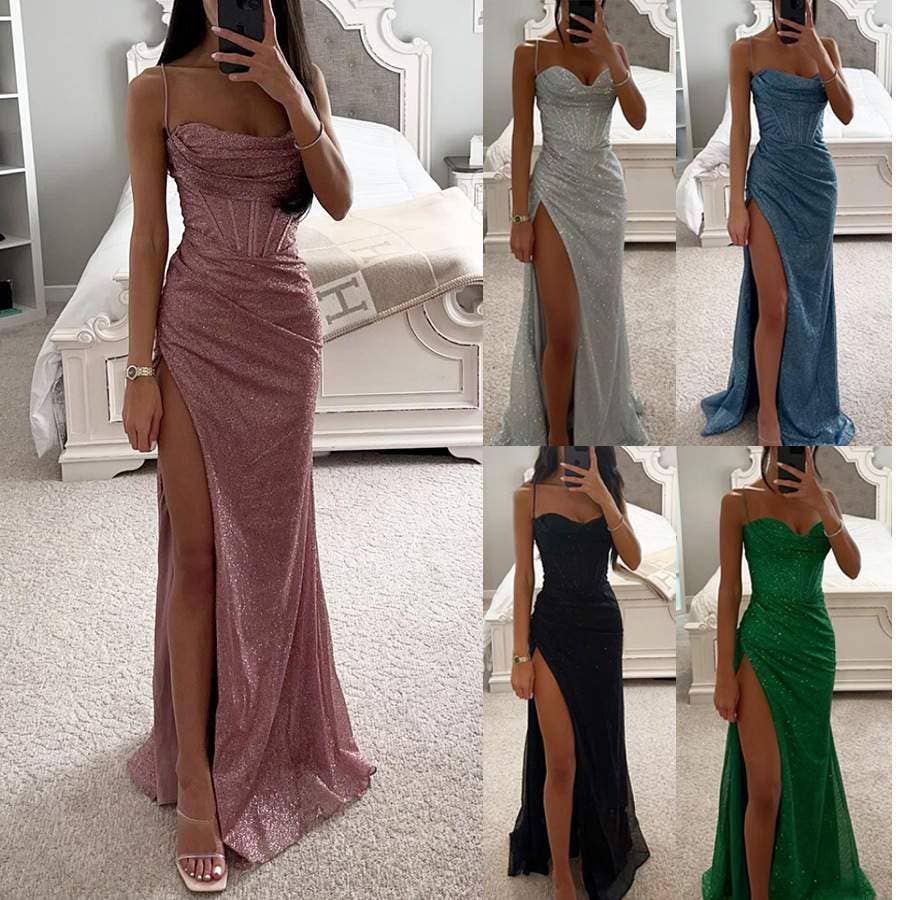 Fashion Combination - Wholesale Dress - Women's - Sparkly High-Slit Evening Gown with Draped Bodice – Elegant 1