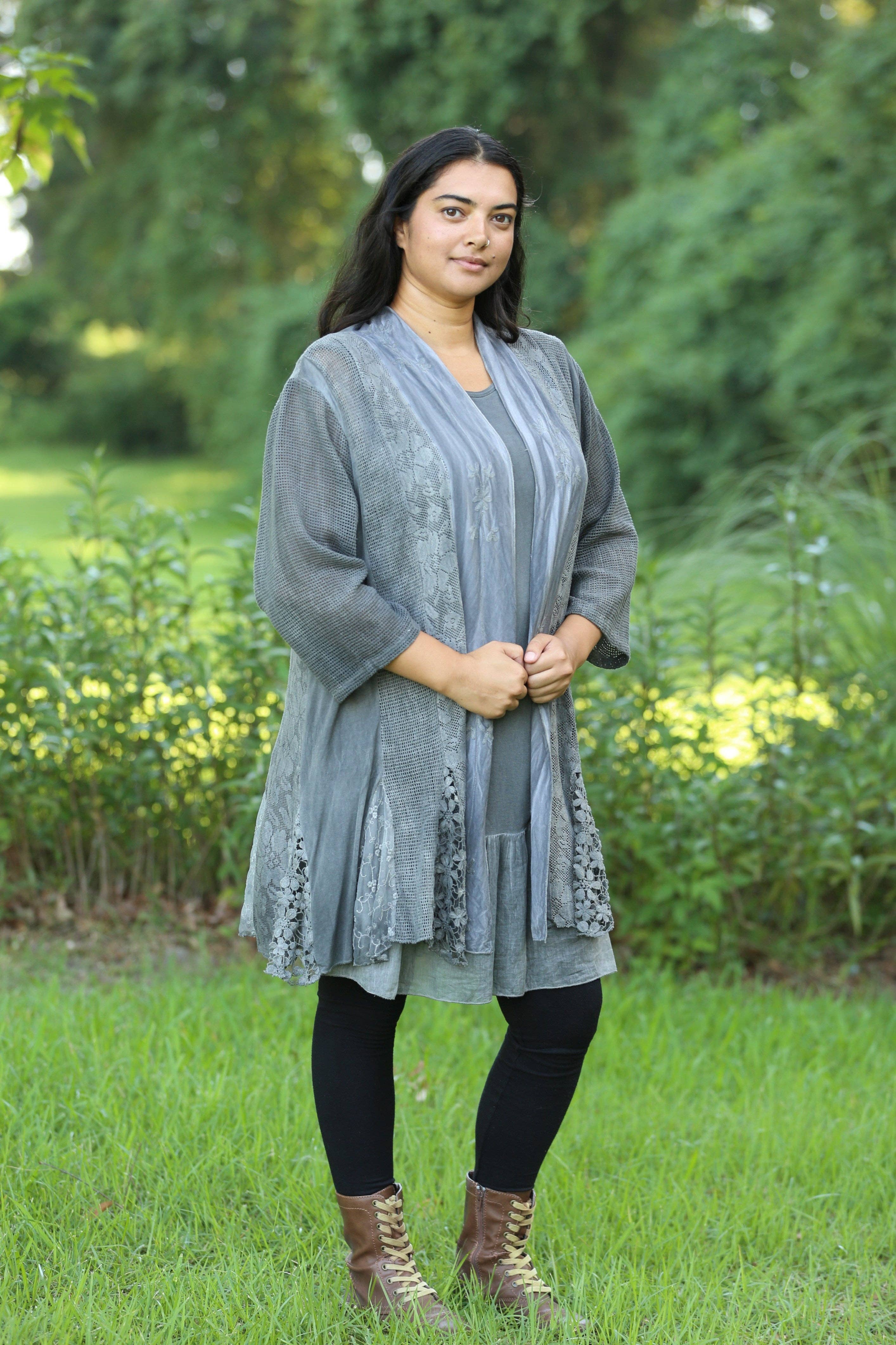 Sacred Threads – Túnica - Mulher por atacado – Conjunto de Cardigan em Malha de Algodão com Mistura de Carvão Tranquilo