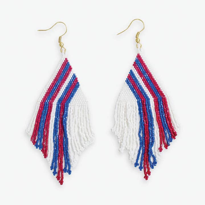 Haley Game Day Falling Lines Beaded Fringe Earrings Red White and Blue Wholesale for wholesale by INK + ALLOY