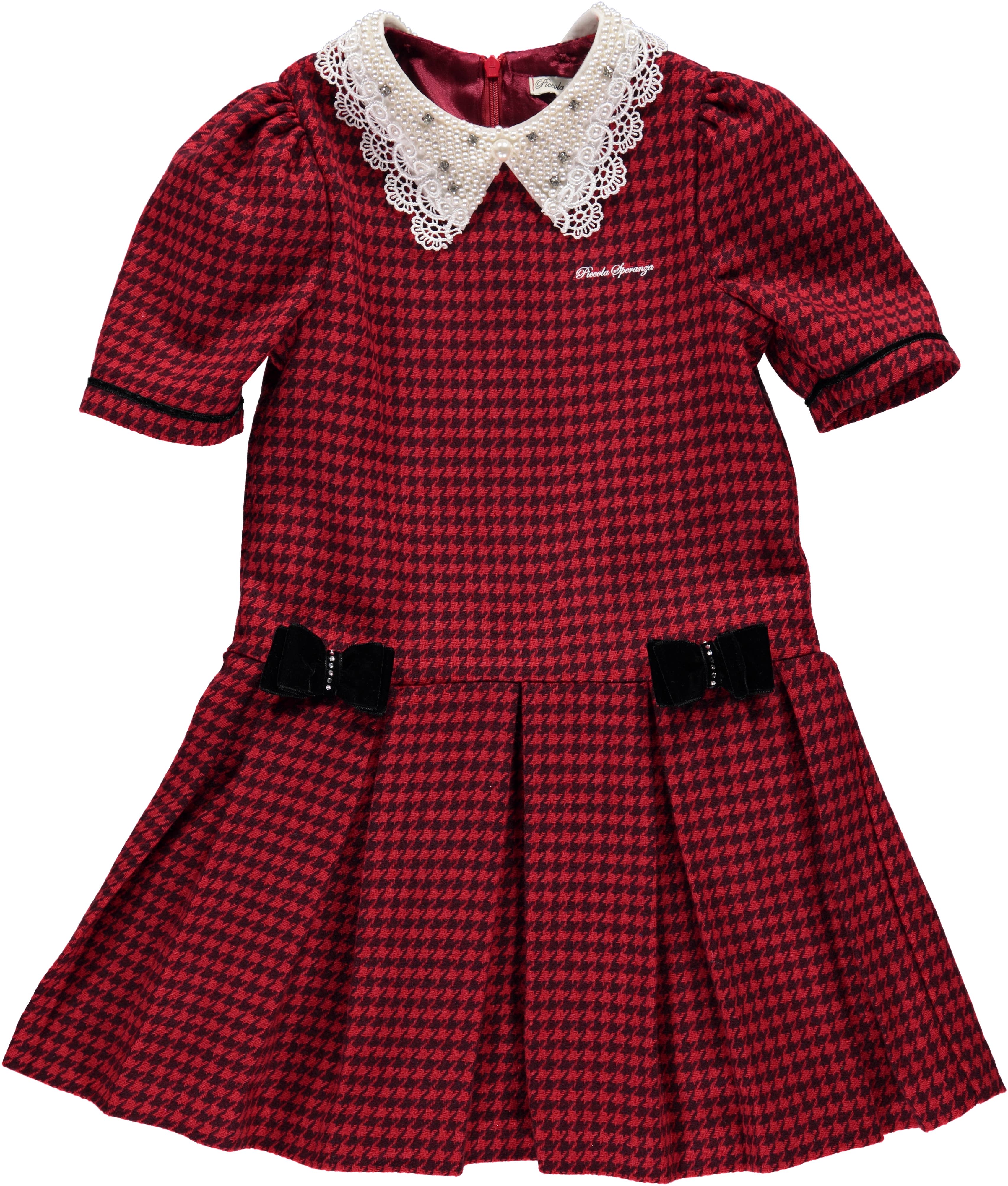 Vermelho Red Pied de Poule dress with bows for wholesale on Faire